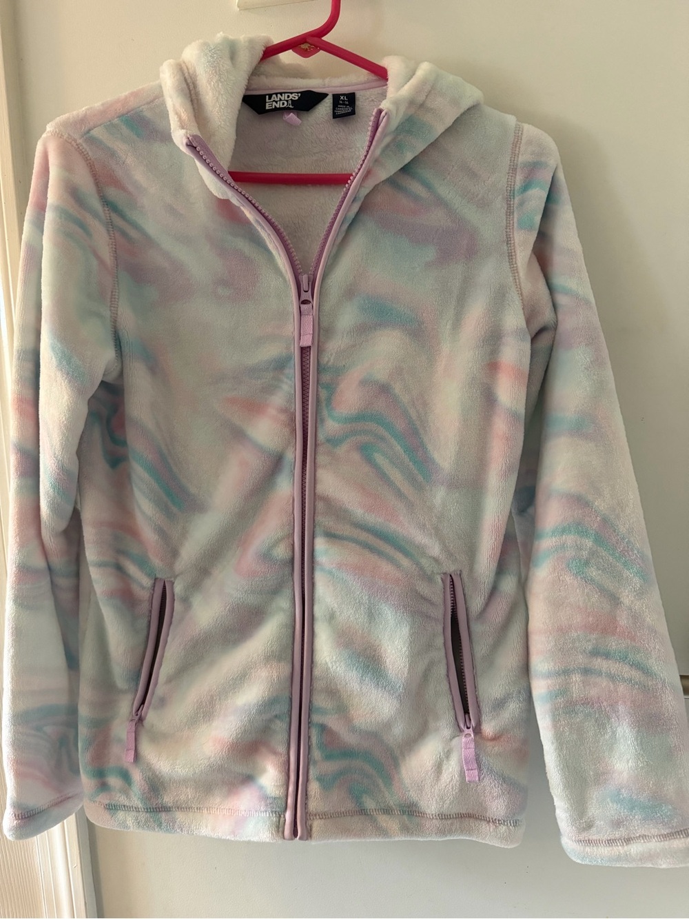 Lands' End Girls' Pastel Marble Fleece Zip Hoodie - Lavender Trim